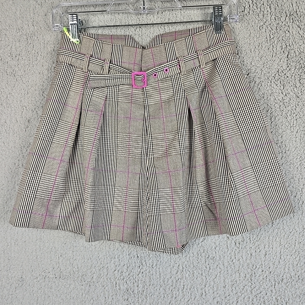 Cottia London Gray Pink Check Shorts High Rise Belted Pleated Size S